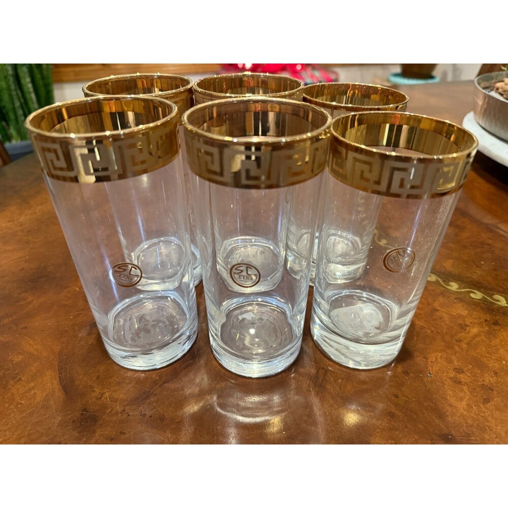 SC LINE Clear Highball with Gold Greek Key Trim Beverage Glasses Set 6 New!